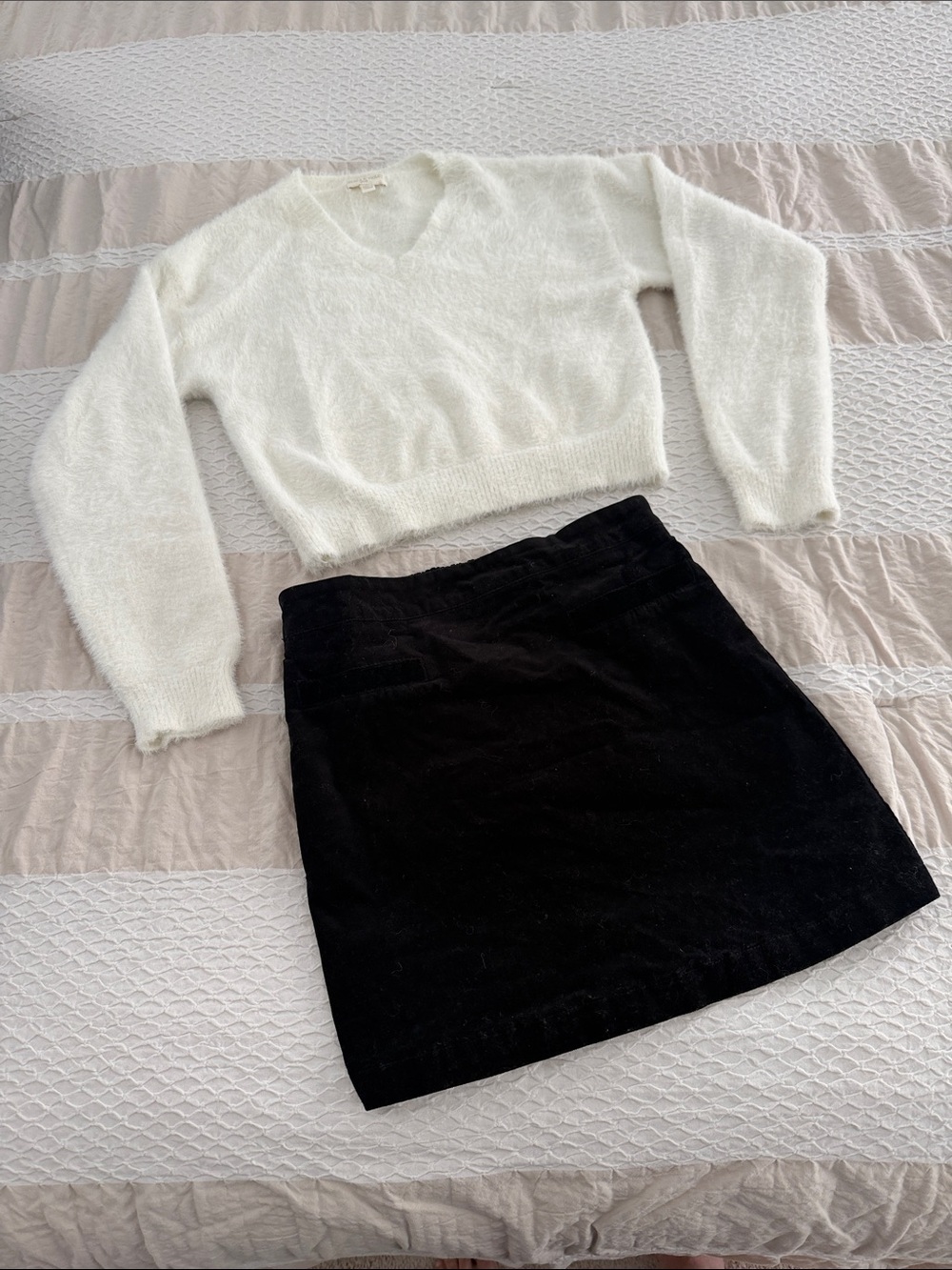 Chelsea & Violet White Fuzzy Sweater and Black Mini Skirt Set